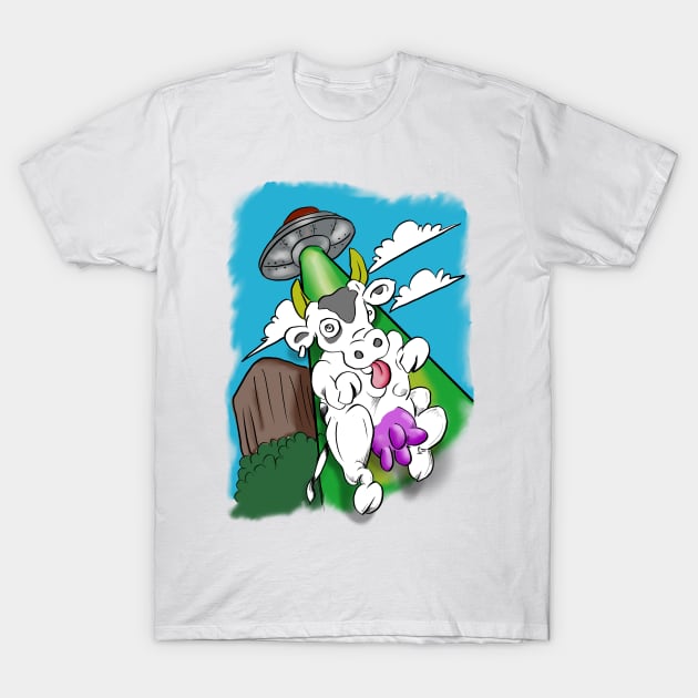 Cow abducted by a flaying saucer with lasers T-Shirt by silentrob668